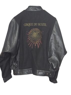 Vintage Cirque du Soleil Black Leather & Wool Varsity Jacket Mens Size Large
